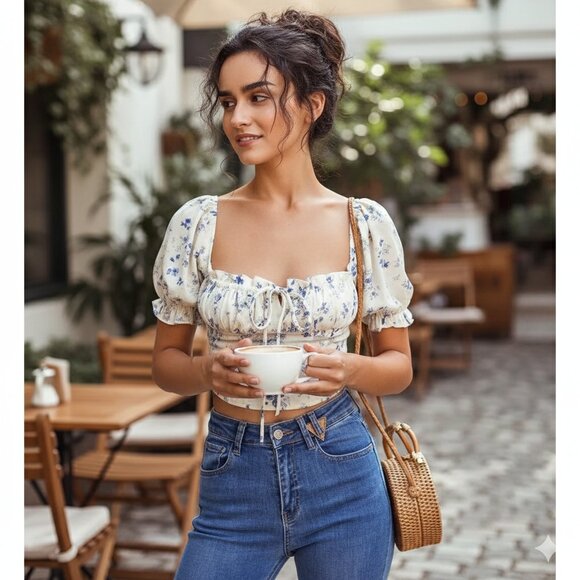 J.ING Ivory Floral Print Square Neck Cropped Blouse Top - Picture 1 of 11